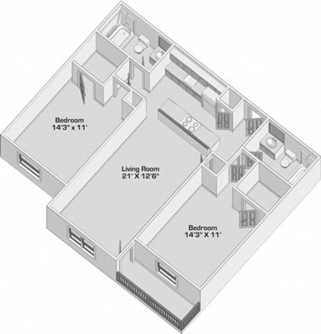 Floor plan for 2 beds, 2 baths, 988 sqft